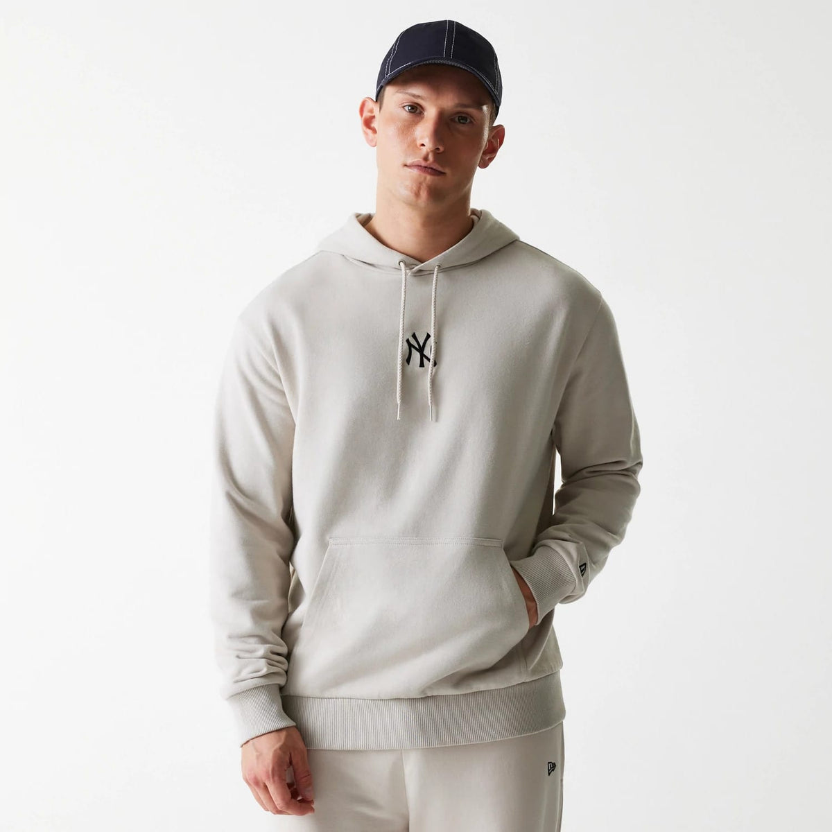 New York Yankees MLB League Essential Midi French Terry Cream Oversized Pullover Hoodie-clouthin