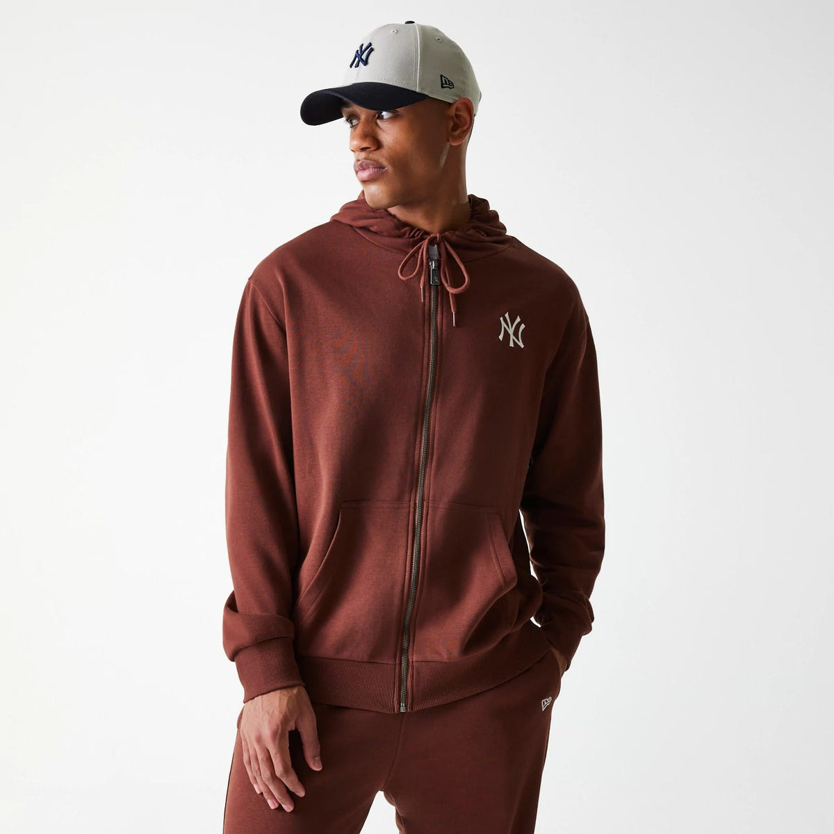 New York Yankees MLB Midi League Essential Brown Oversized Full Zip Hoodie-clouthin