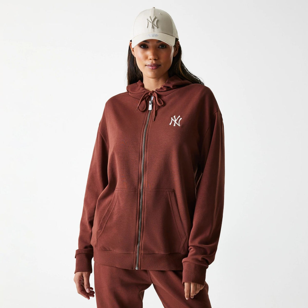 New York Yankees MLB Midi League Essential Brown Oversized Full Zip Hoodie-clouthin
