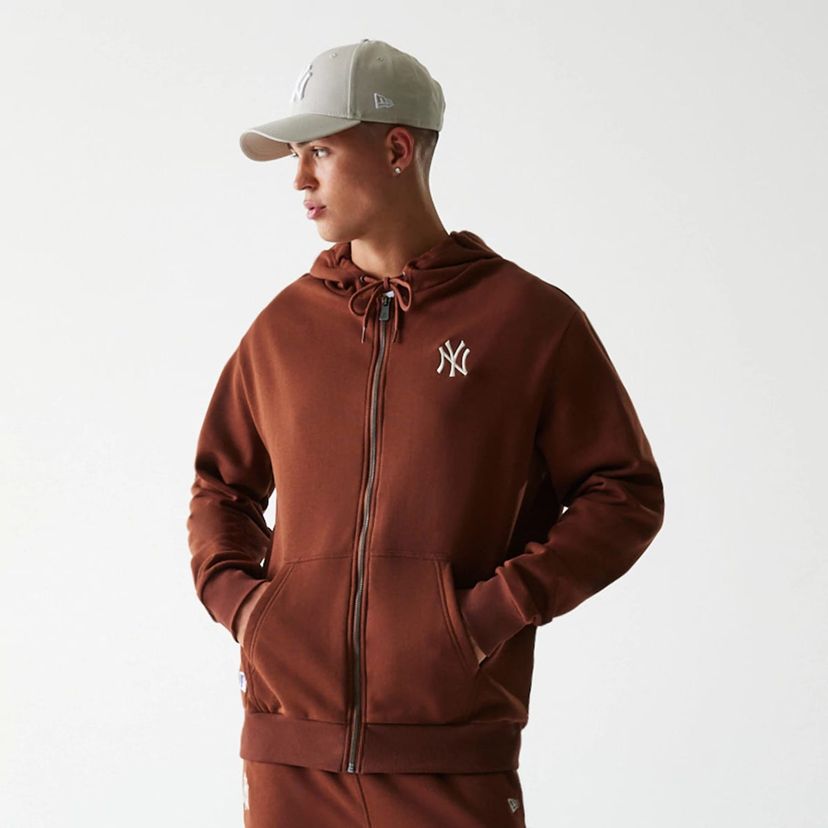 New York Yankees MLB Midi League Essential Brushed Fleece Brown Oversized Full Zip Hoodie-clouthin