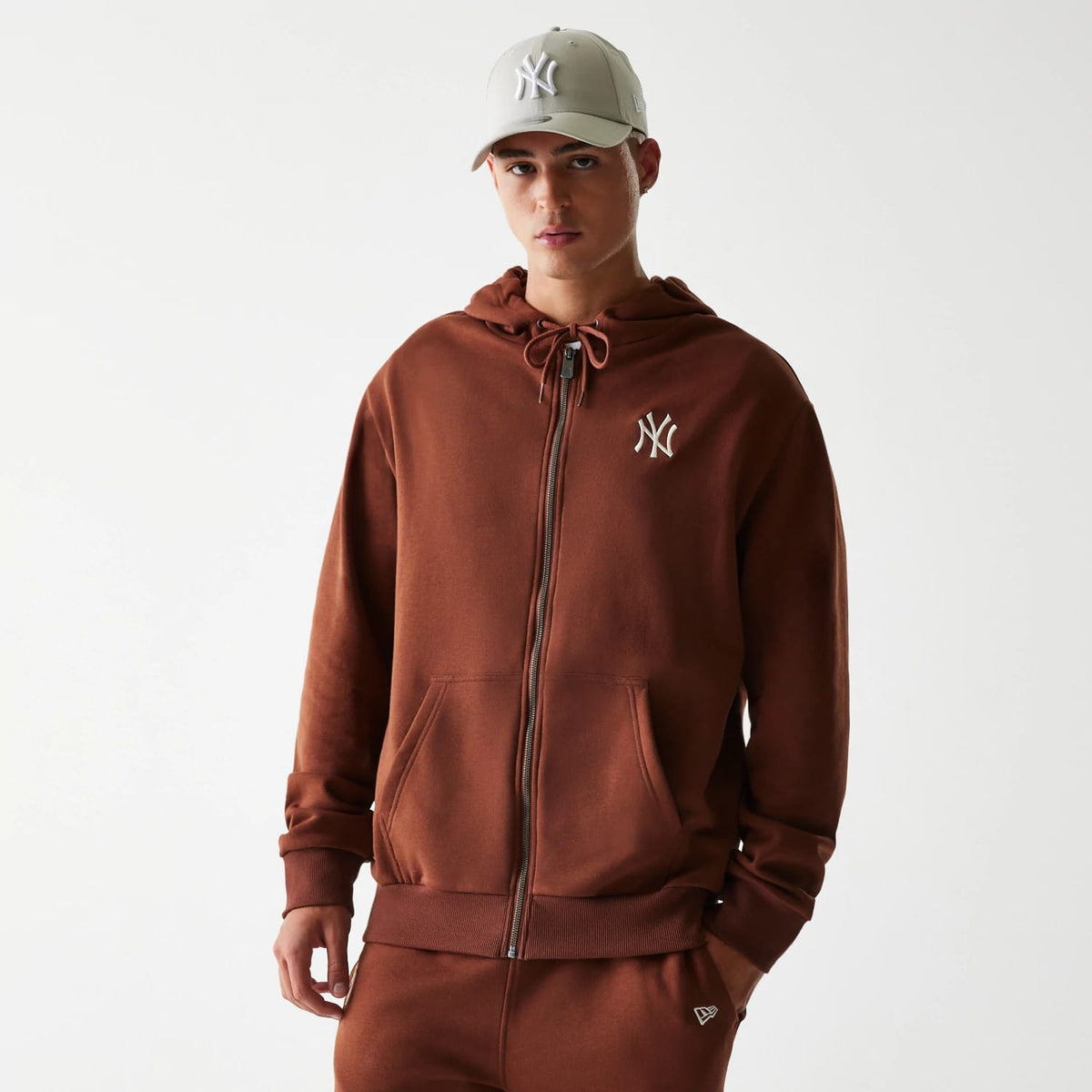 New York Yankees MLB Midi League Essential Brushed Fleece Brown Oversized Full Zip Hoodie-clouthin