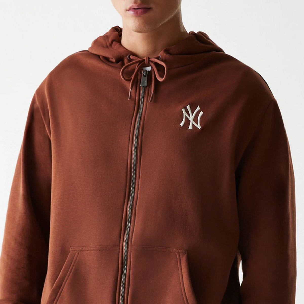 New York Yankees MLB Midi League Essential Brushed Fleece Brown Oversized Full Zip Hoodie-clouthin