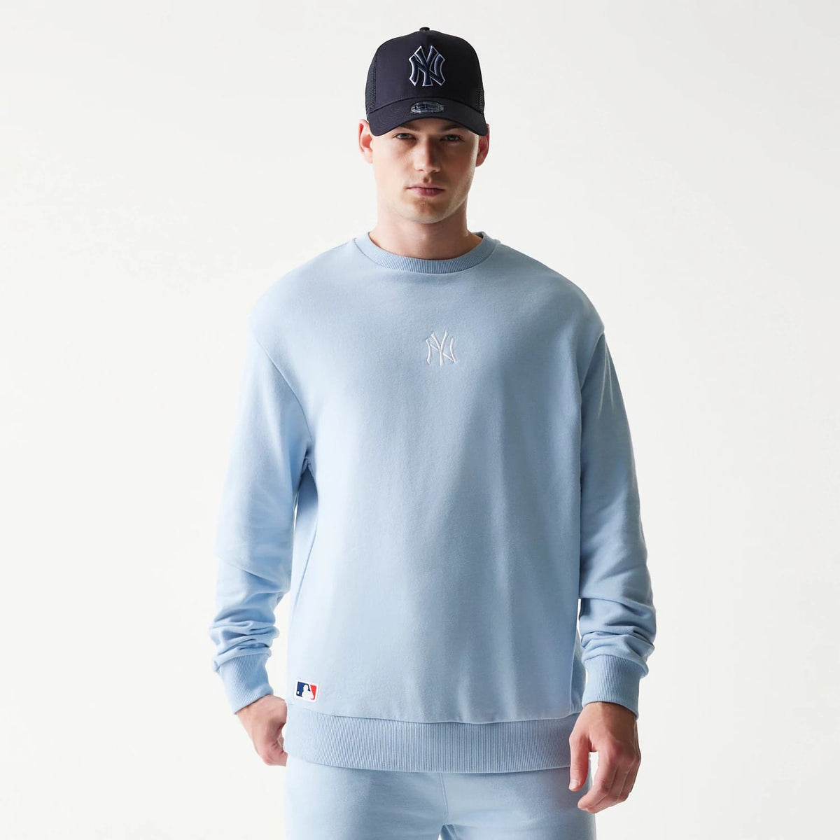 New York Yankees MLB Midi Pastel Blue Oversized Crew Neck Sweater-clouthin