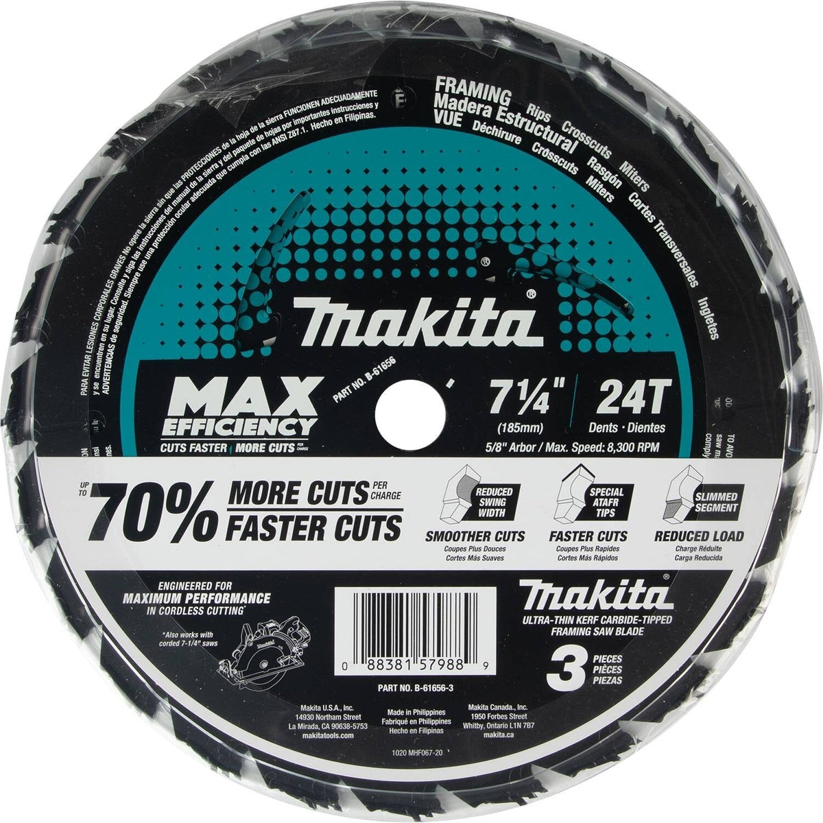 Makita B-61656-3 7-1/4" 24T Circular Saw Blade, Framing, 3/pk