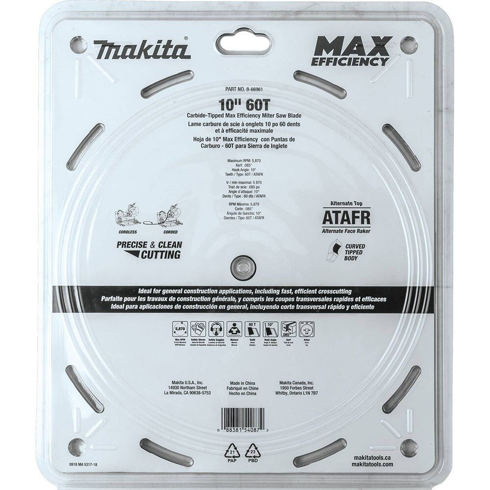 Makita B-66961 10" 60T Carbide-Tipped Max Efficiency Miter Saw Blade