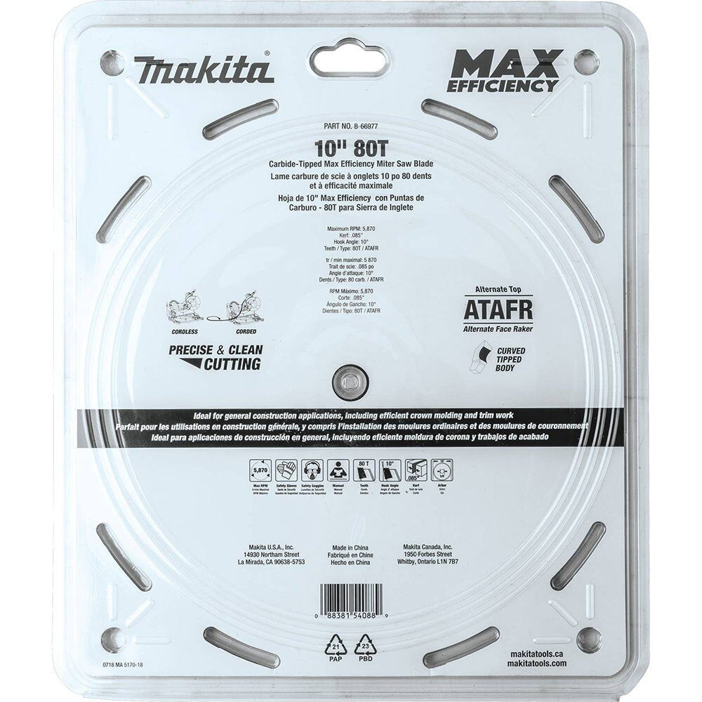 Makita B-66977 10" 80T Carbide-Tipped Max Efficiency Miter Saw Blade