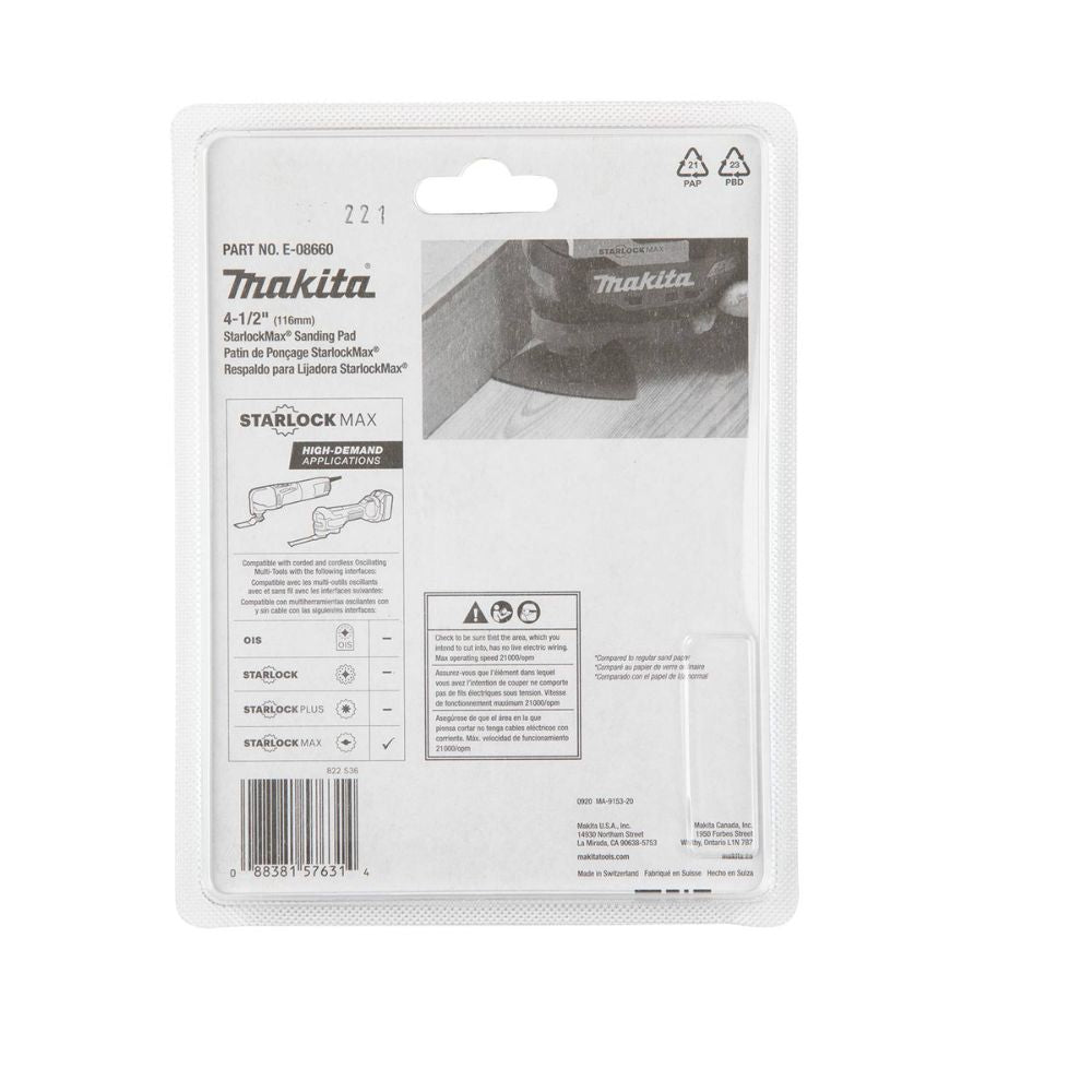 Makita E-08660 StarlockMax Oscillating Multi-Tool 4-1/2" Tungsten Carbide 100 Grit Delta Triangle Sanding Pad