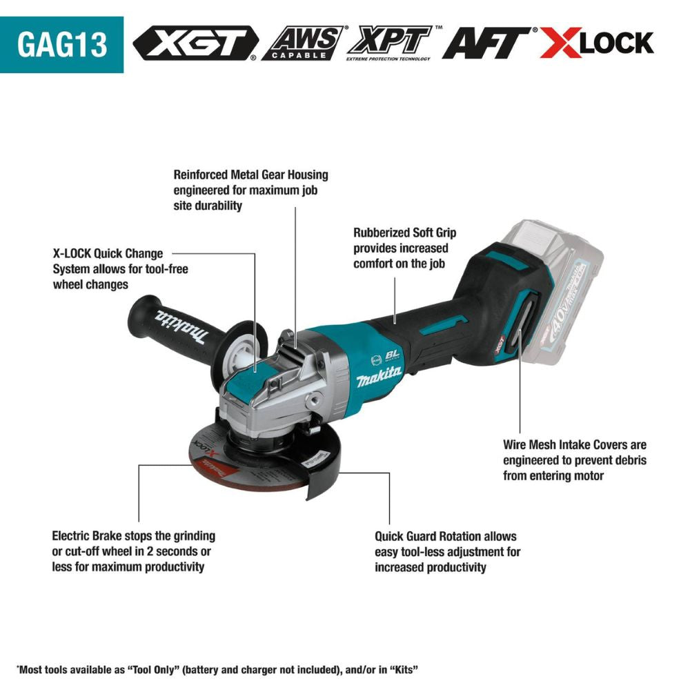Makita GAG13Z 40V max XGT Brushless Cordless 4-1/2" / 5" X-LOCK Paddle Switch Angle Grinder, with Electric Brake, Tool Only