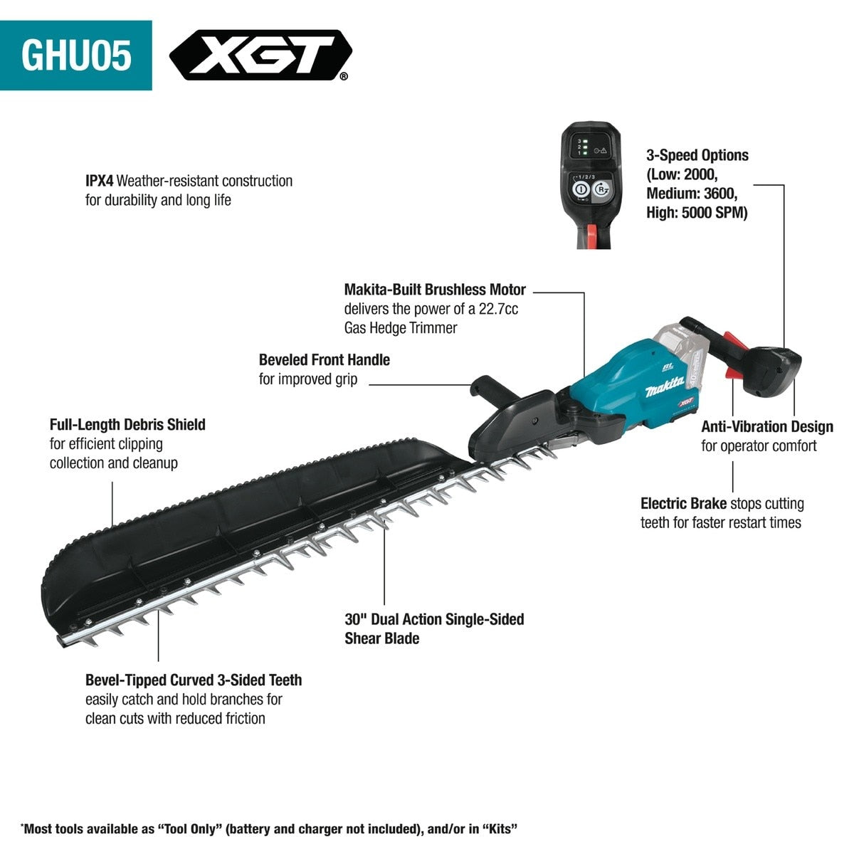 Makita GHU05T 40V Max XGT Brushless Cordless 30 in. Single-Sided Hedge Trimmer Kit (2 5.0Ah Batteries, Rapid Charger)