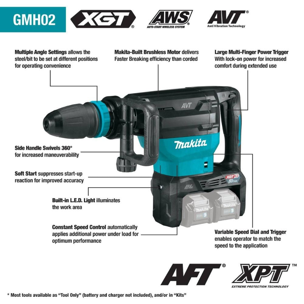 Makita GMH02Z 80V max (40V max X2) XGT Brushless 28 lb. AVT Demolition Hammer, accepts SDS-MAX bits, AWS Capable (Tool Only)