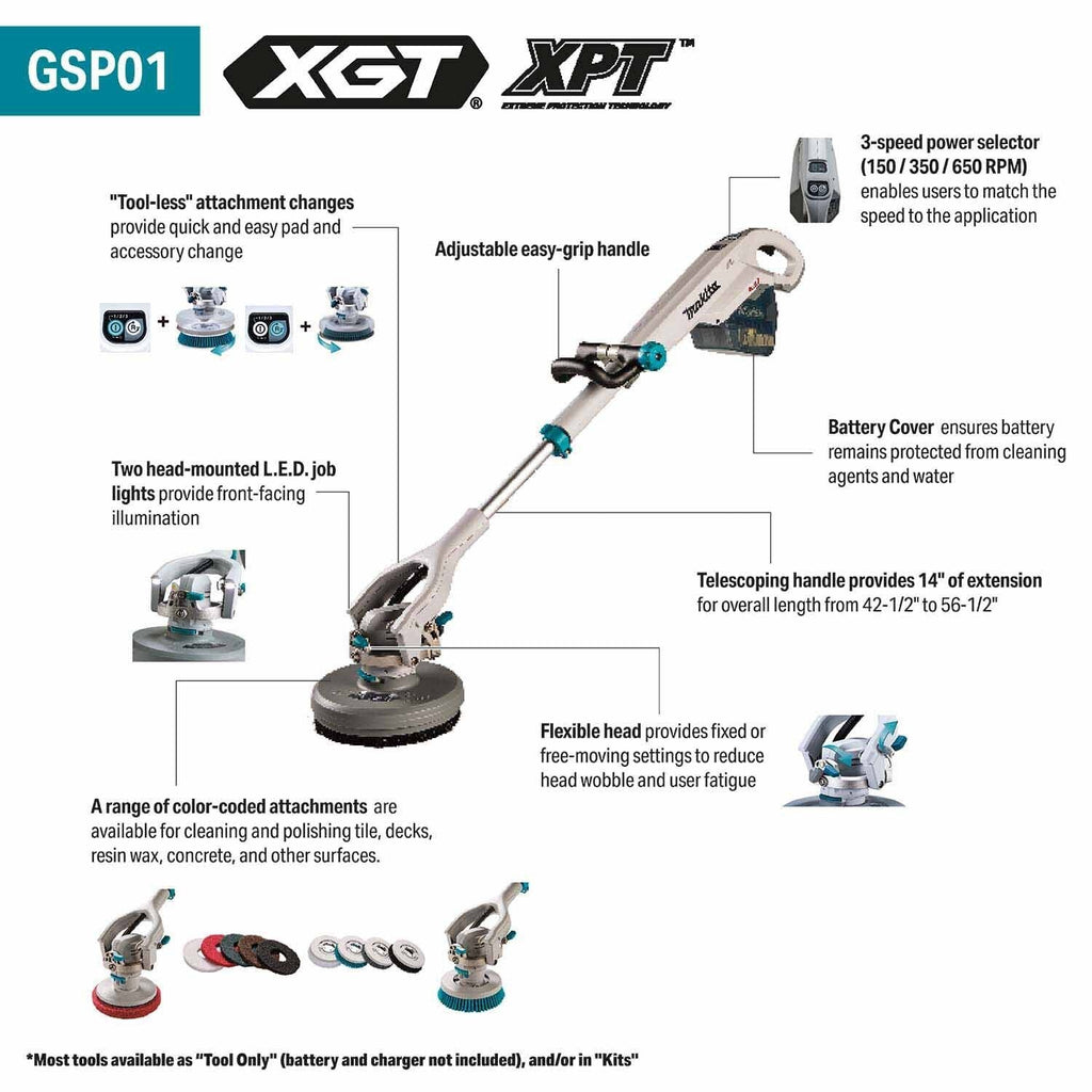 Makita GSP01M1 40V max XGT Brushless Cordless Telescoping 8" Polisher/Scrubber Kit w/4.0Ah Battery