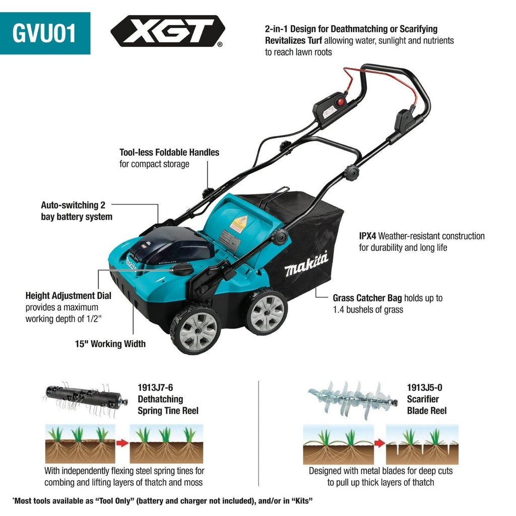 Makita GVU01SM 40V max XGT Brushless Cordless 15 in Dethatcher Scarifier Kit (2 4.0Ah Batteries)