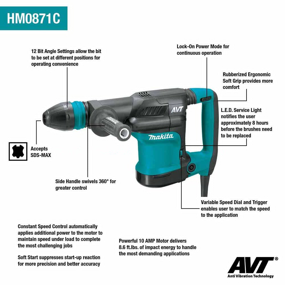 Makita HM0871C 12 lb. AVT Demolition Hammer, accepts SDS-MAX bits, Variable Speed, Case