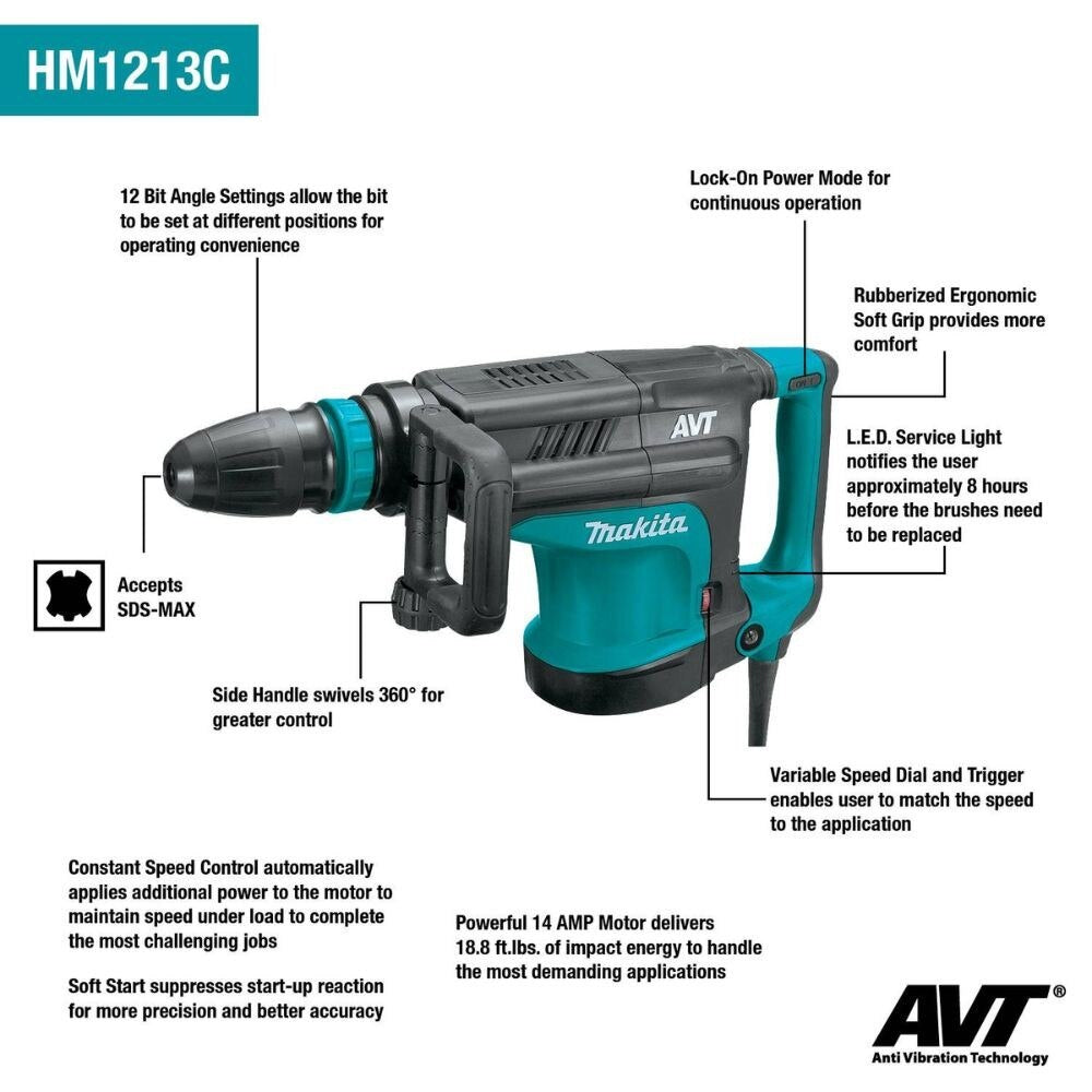 Makita HM1213C 23 lb. AVT Demolition Hammer, accepts SDS-MAX bits, var. spd., case