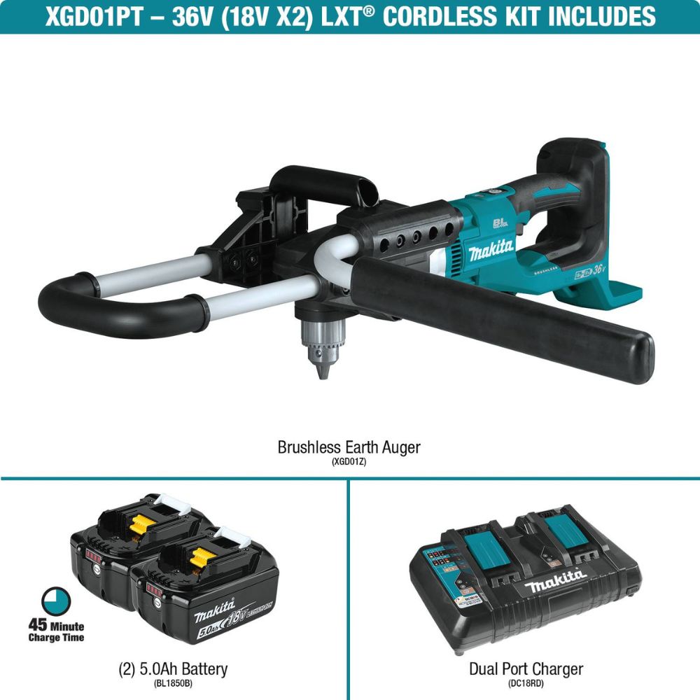Makita XGD01PT 36V (18V X2) LXT Brushless Earth Auger Kit, dual port charger (5.0Ah)