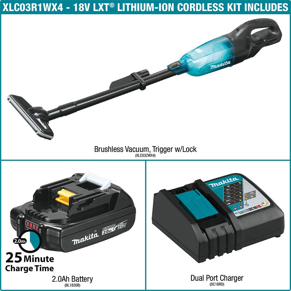 Makita XLC03R1WX4 18V LXT Compact Cordless Vacuum Kit, Trigger w/ Lock (2.0Ah)