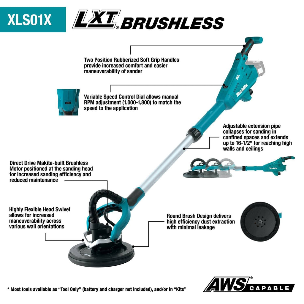 Makita XLS01TX1 18V LXT Lithium-Ion Brushless Cordless 9" Drywall Sander Kit, AWS Capable (5.0Ah)