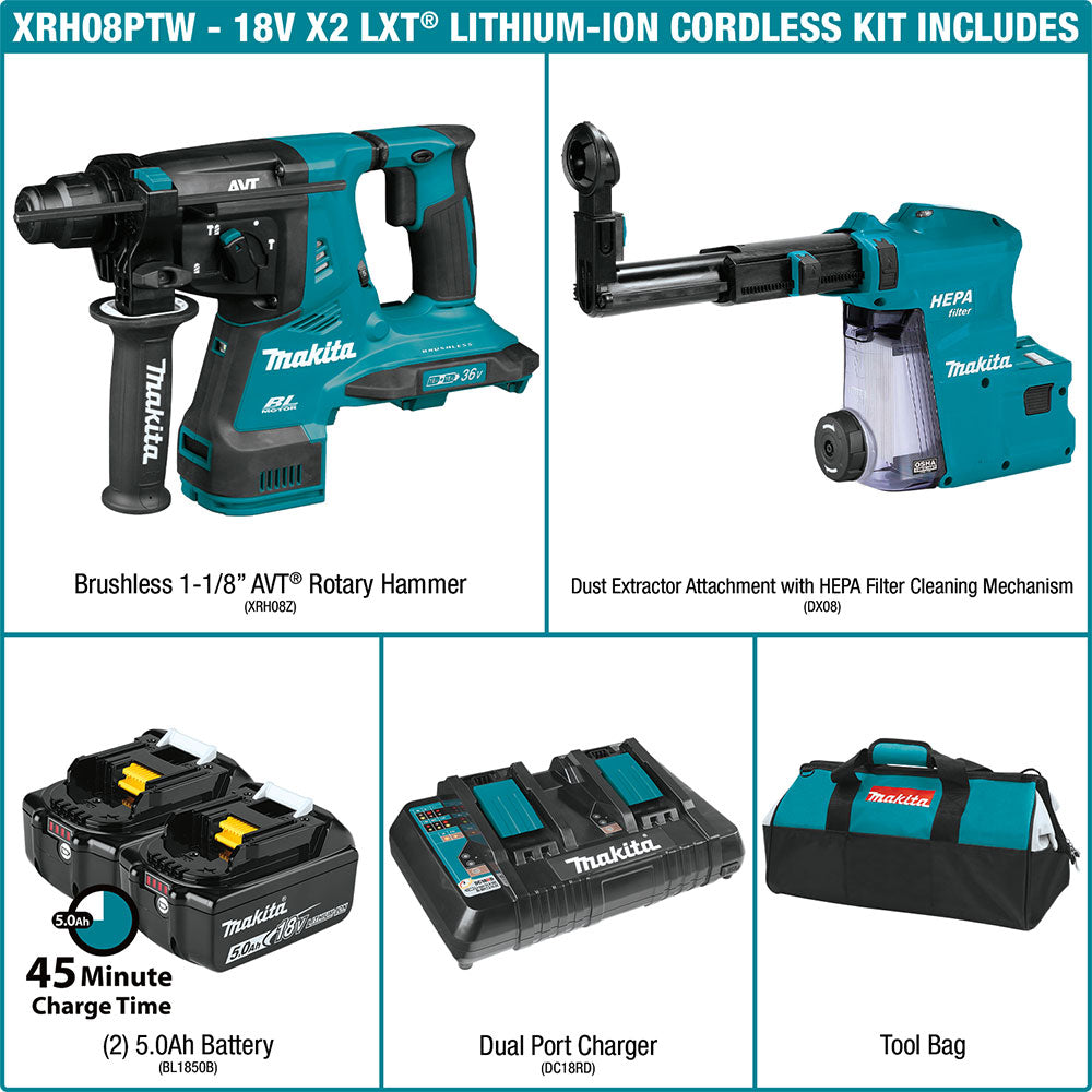 Makita XRH08PTW 18V X2 LXT 1-1/8" AVT Rotary Hammer Kit (5.0Ah)