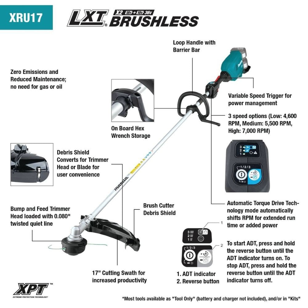 Makita XRU17PT 36V (18V X2) LXT Brushless String Trimmer Kit, dual port charger (5.0Ah)