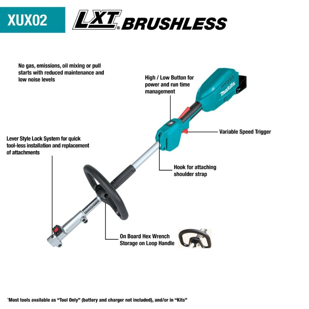 Makita XUX02SM1X4 18V LXT Lithium-Ion Brushless Cordless Couple Shaft Power Head Kit w/ 13" String Trimmer & 10" Pole Saw Attachments, with one battery (4.0Ah)