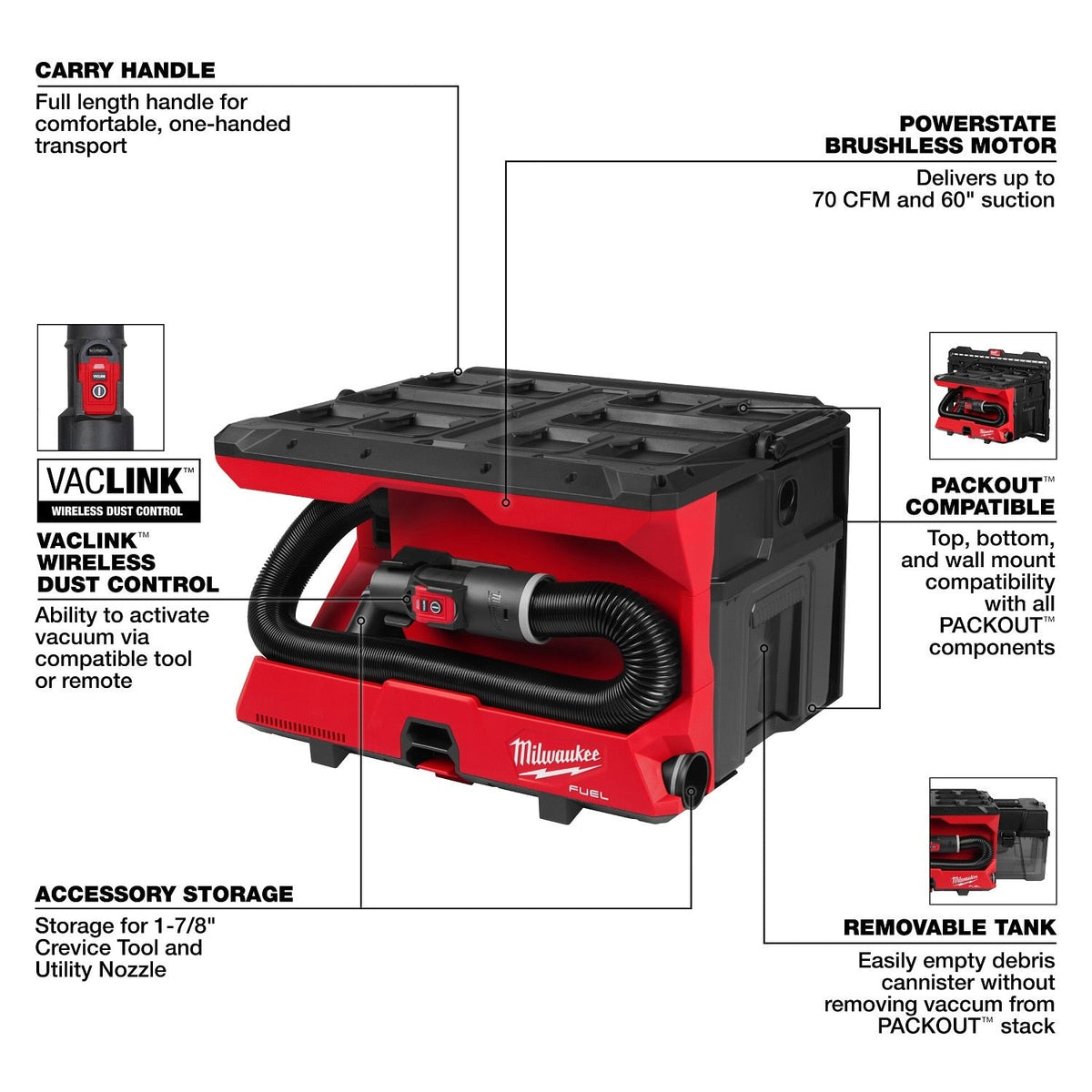 Milwaukee 0971-20 M18 FUEL 4Gal. Wet Dry Vacuum with Packout Compatibility and VACLICK