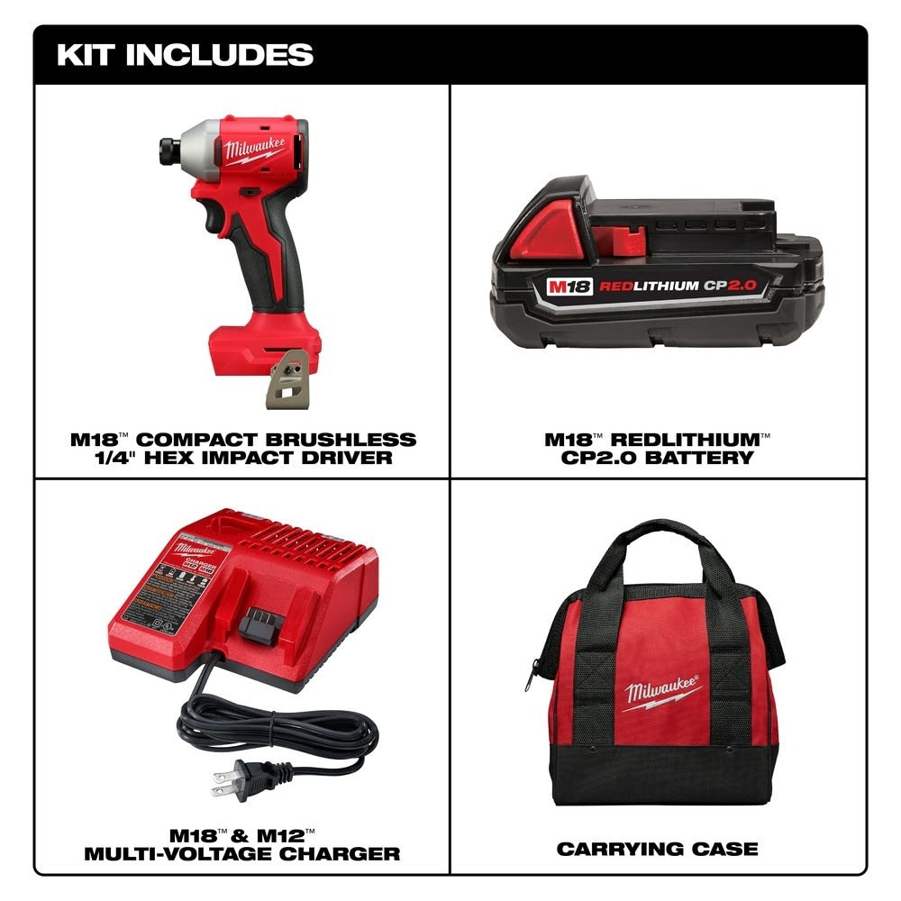 Milwaukee 3650-21P M18 Compact Brushless 1/4" Hex Impact Driver Kit