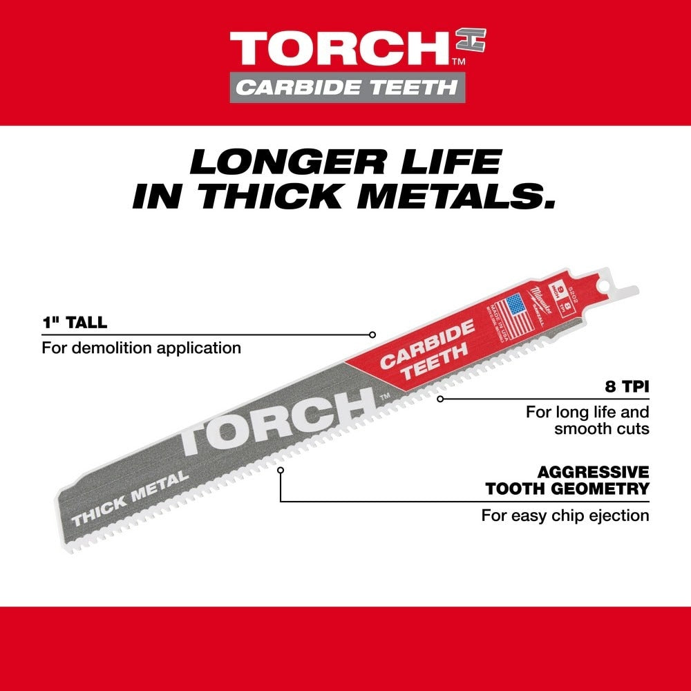Milwaukee 48-00-5201 6" 8TPI Torch Metal Cutting Sawzall Blade with Carbide Teeth