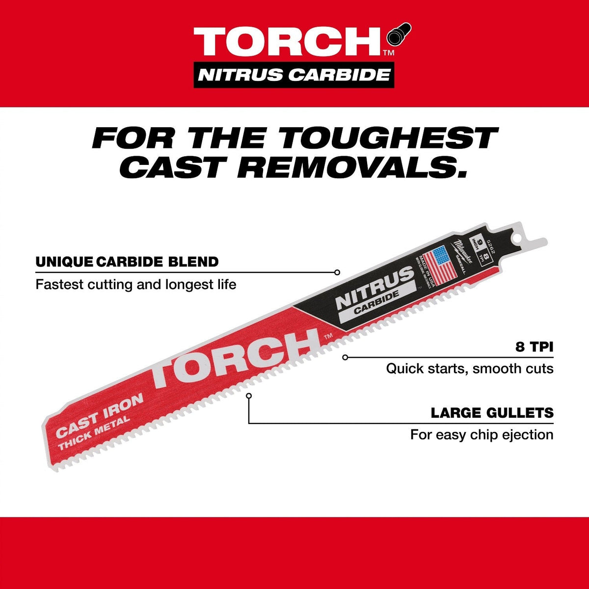 Milwaukee 48-00-5363 12” 7TPI The Torch with Nitrus Carbide for Cast Iron SawWall Blade 3PK