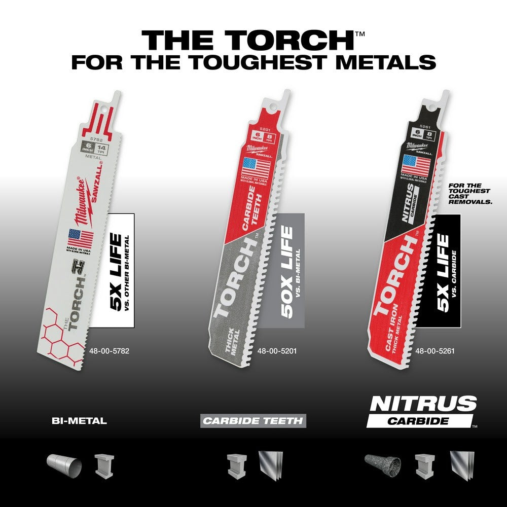 Milwaukee 48-00-5501 6" 7TPI Torch Metal Cutting Sawzall Blade with Carbide Teeth, 5 Pack