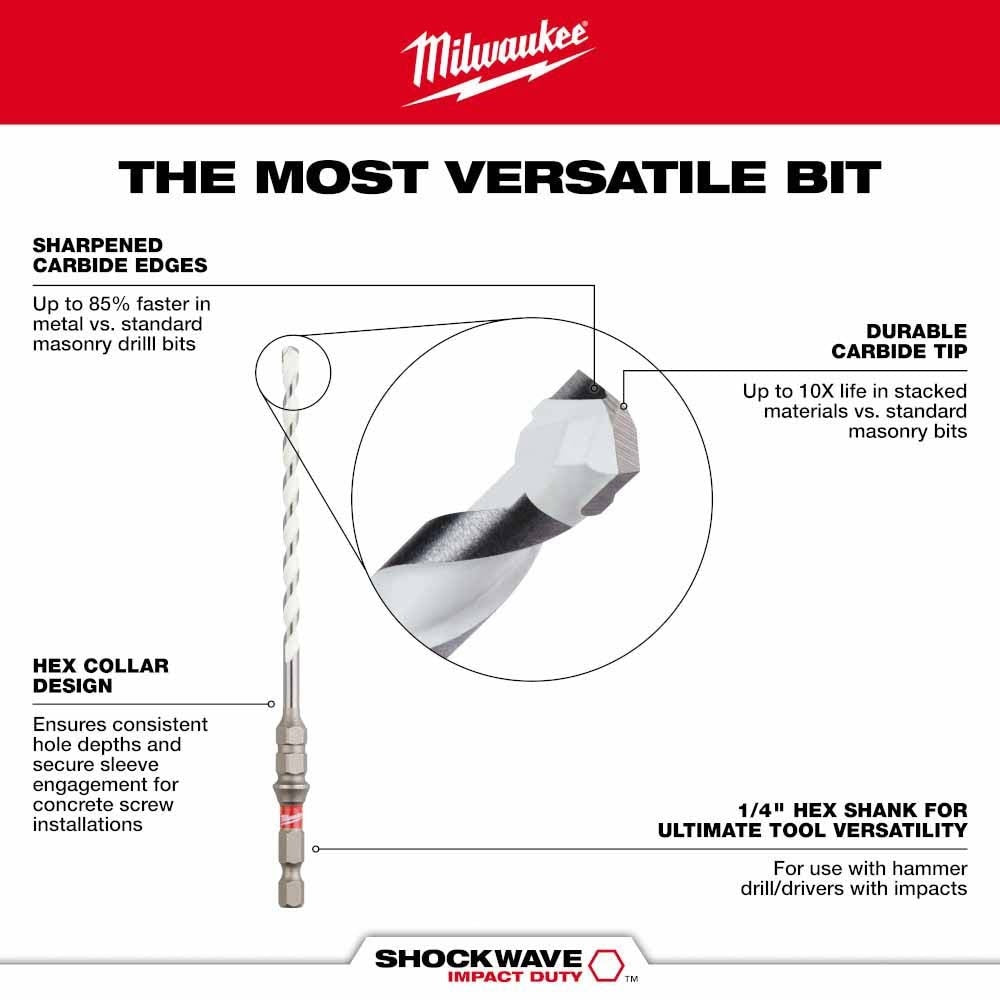 Milwaukee 48-20-8876 3/16" x 4" x 6" SHOCKWAVE Impact Duty Carbide Multi-Material Drill Bit