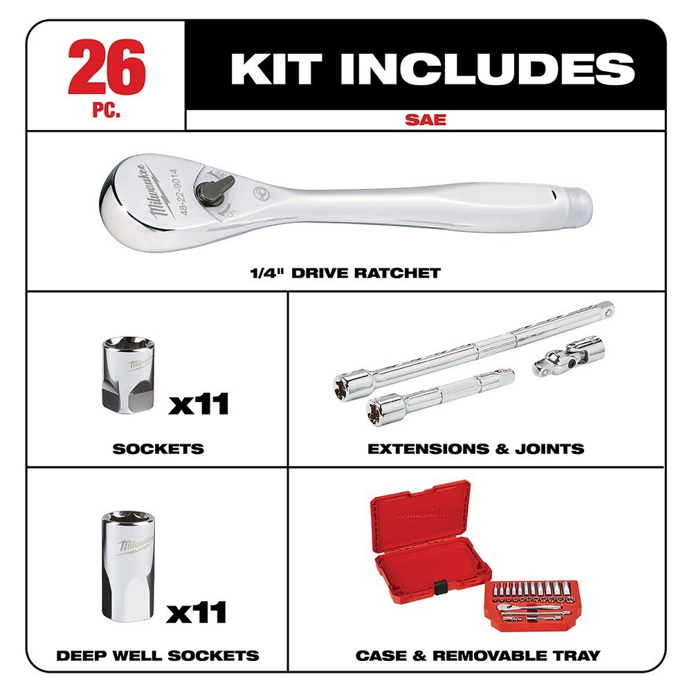 Milwaukee 48-22-9404 1/4" Drive 26 Piece Ratchet & Socket Set - SAE