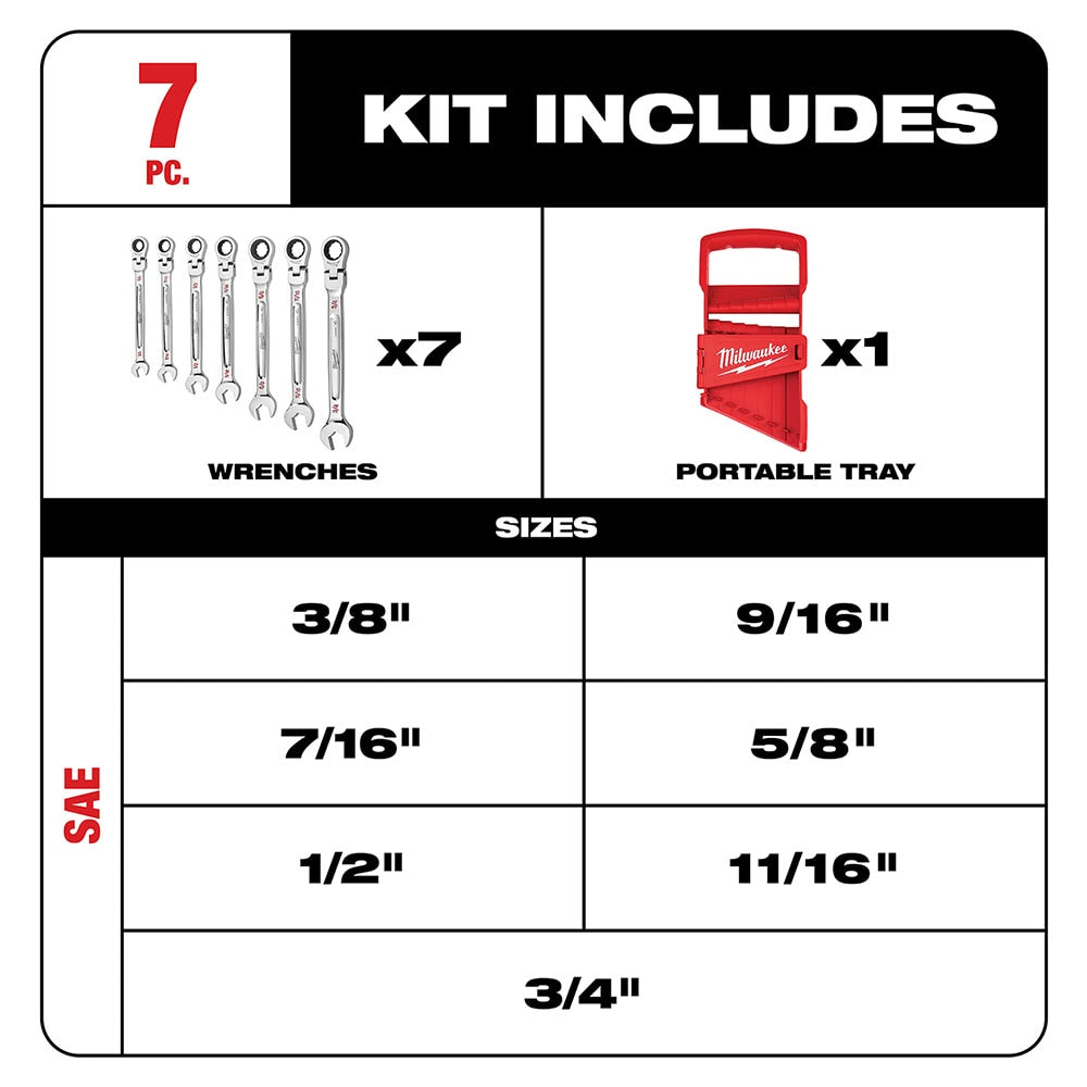 Milwaukee 48-22-9429 7pc Flex Head Ratcheting Wrench Set - SAE