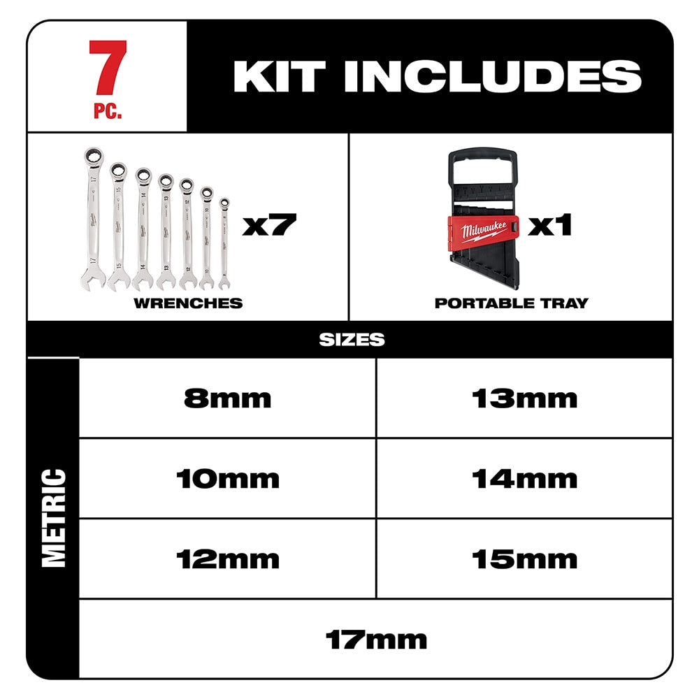 Milwaukee 48-22-9506 7 Piece Ratcheting Combination Wrench Set - Metric