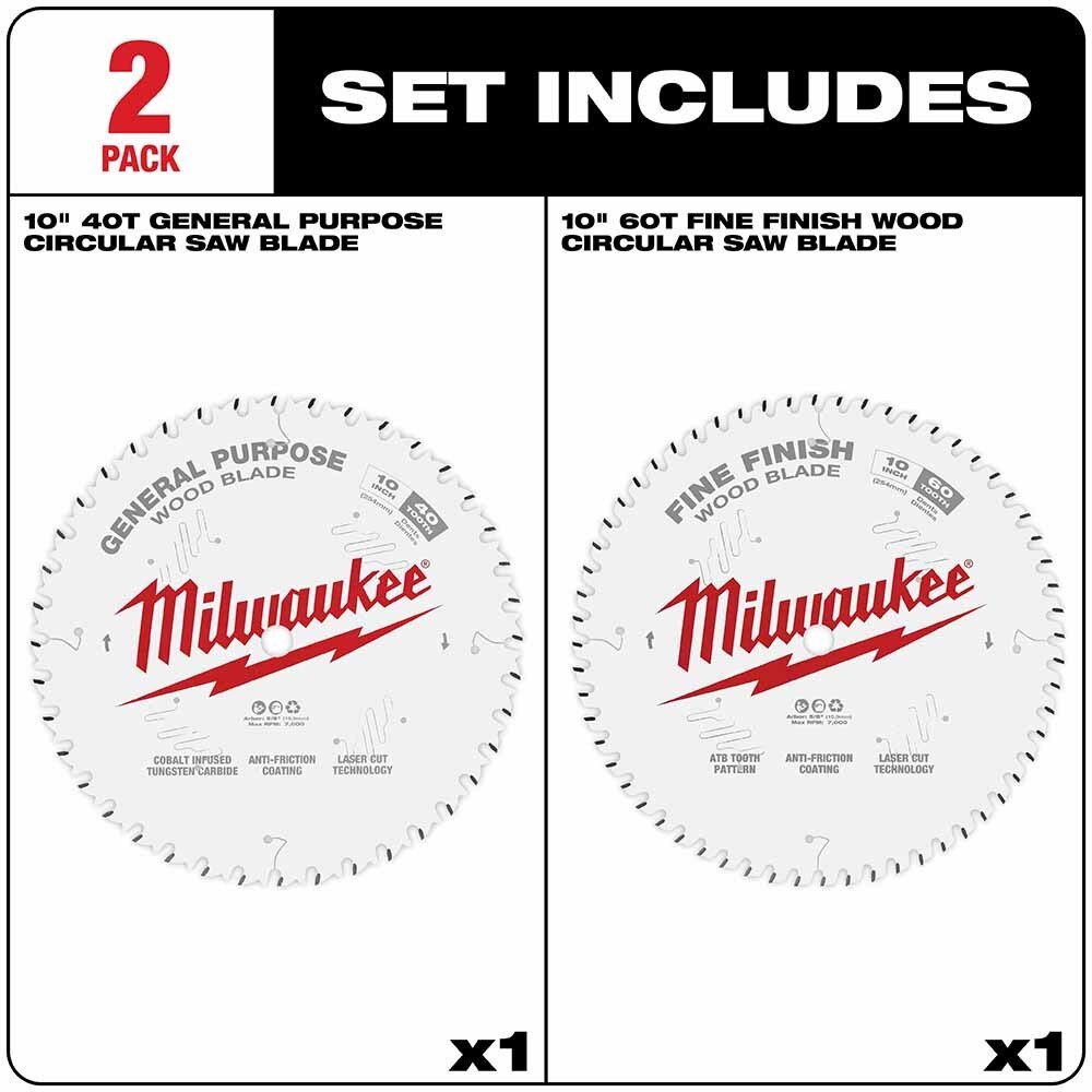 Milwaukee 48-40-1036 10" 40T + 60T Two Pack Circular Saw Blades