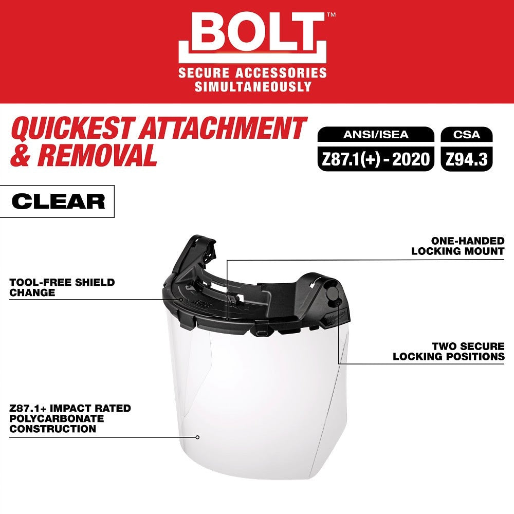 Milwaukee 48-73-1460 BOLT Task Full Face Shield - Clear Uncoated Lens (Compatible with Milwaukee BOLT Safety Helmets & BOLT Hard Hats)