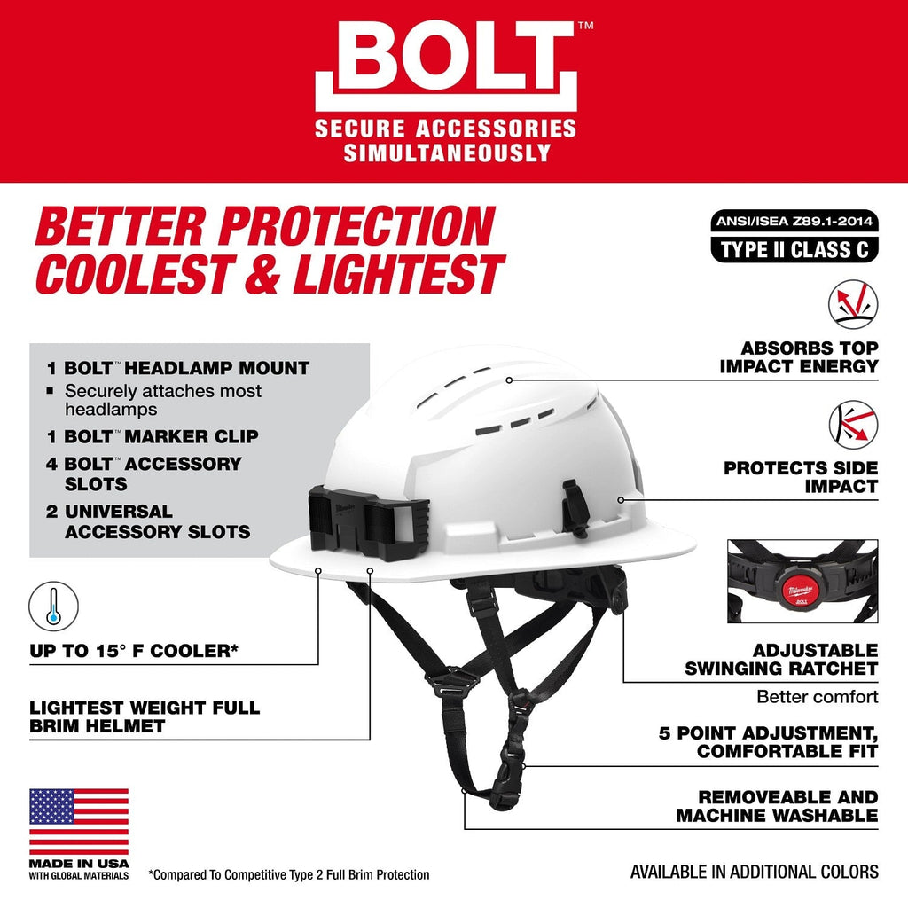 Milwaukee 48-73-1688 BOLT Orange Full Brim Vented Safety Helmet – Type 2, Class C