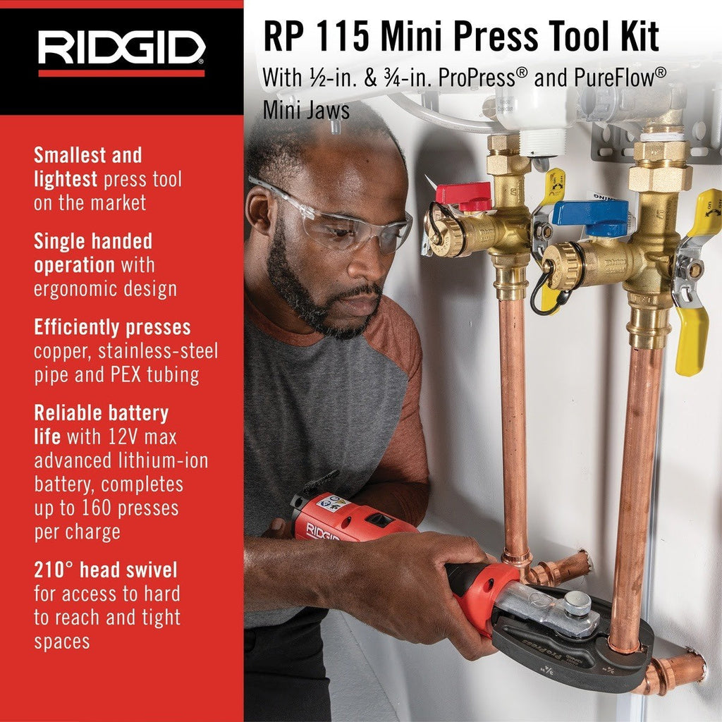 Ridgid 72558 RP 115 Mini Press Tool Battery Kit with ProPress and PureFlow Jaws 1/2 in. to 3/4 in. (Kit)