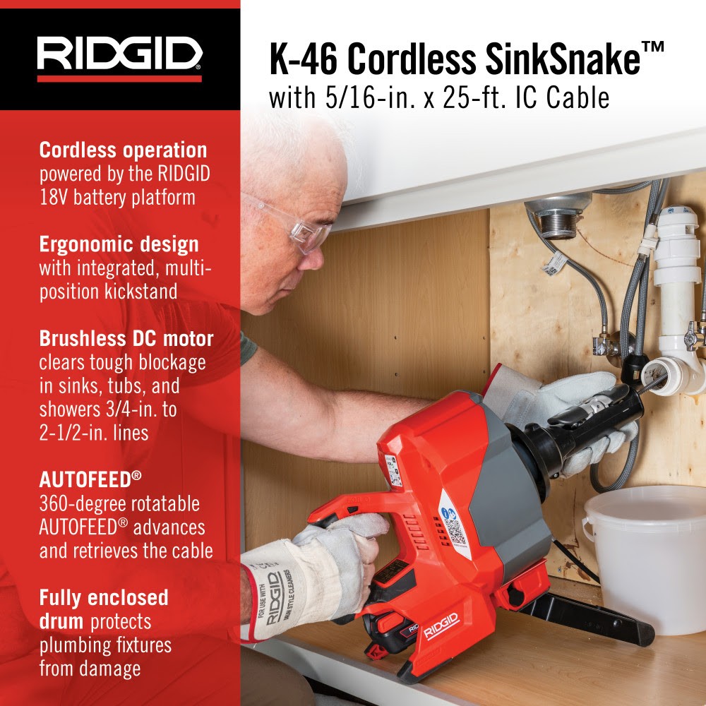 Ridgid 78053 K-46 Cordless SinkSnake with 5/16" x 25' IC Cable, 18V 2.5Ah Battery & Charger