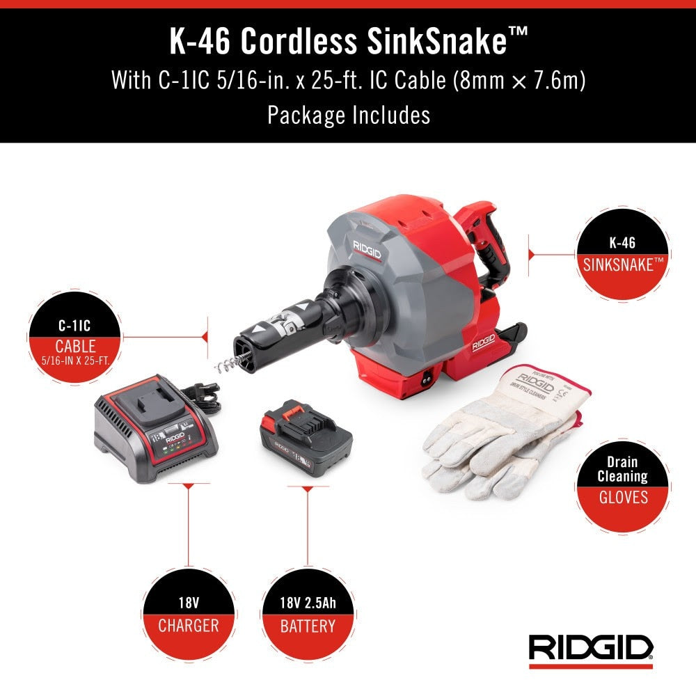 Ridgid 78053 K-46 Cordless SinkSnake with 5/16" x 25' IC Cable, 18V 2.5Ah Battery & Charger